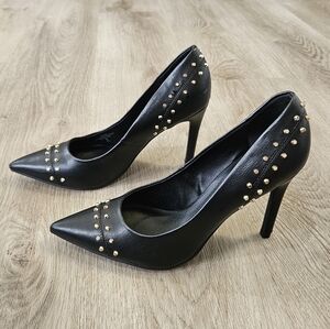 G By Guess Black Black Faux Leather Gold Studded Stiletto Heels Ggeadie 8 Edgy